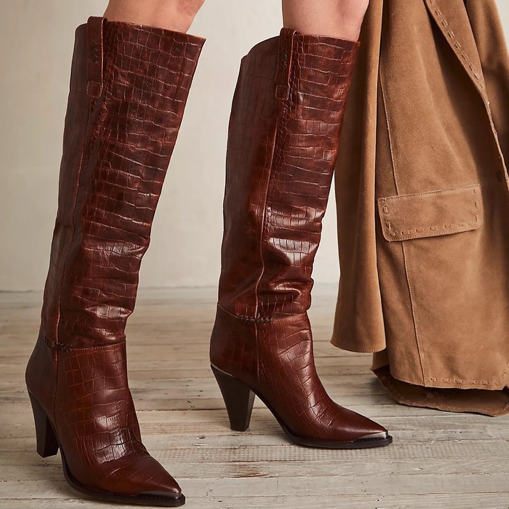 Free People Stevie Brown Leather Croc Heeled Tall Boots